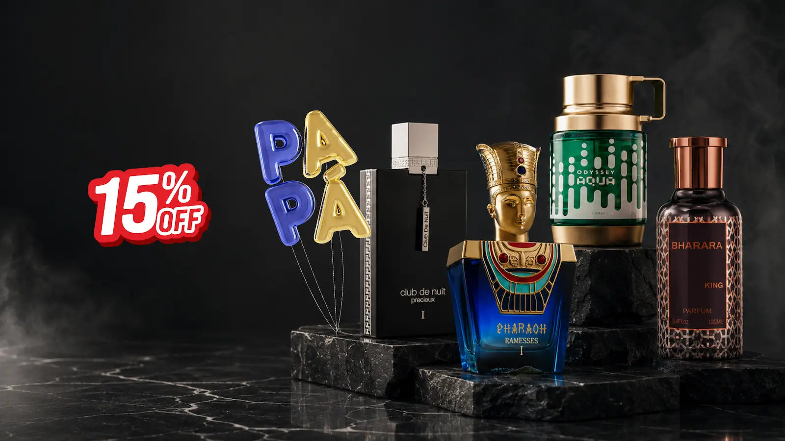 Banner de perfumes árabes en Oud Miraj, incluyendo Club de Nuit Precieux, Odyssey Aqua, Pharaoh Ramesses y Bharara King.