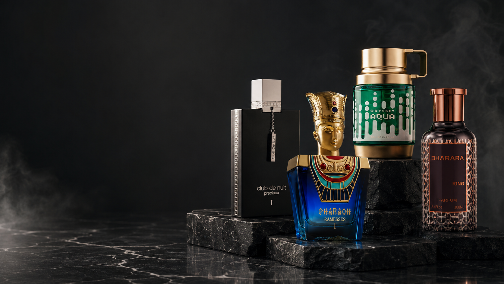 Selección de perfumes árabes en Oud Miraj, incluyendo Club de Nuit Precieux, Odyssey Aqua, Pharaoh Ramesses y Bharara King Parfum.